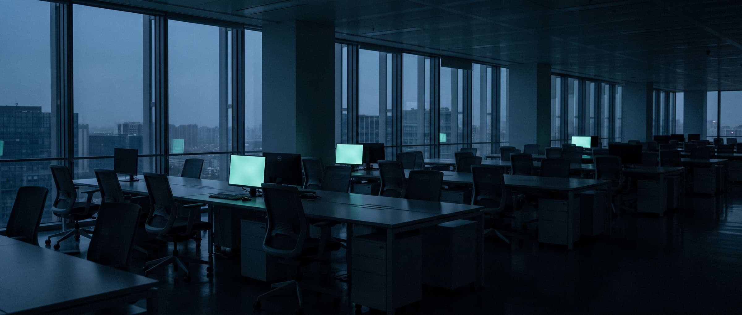 A wide empty open-plan office at dusk, rows of unoccupied desks, a few monitors still glowing mint, city skyline beyond the windows.