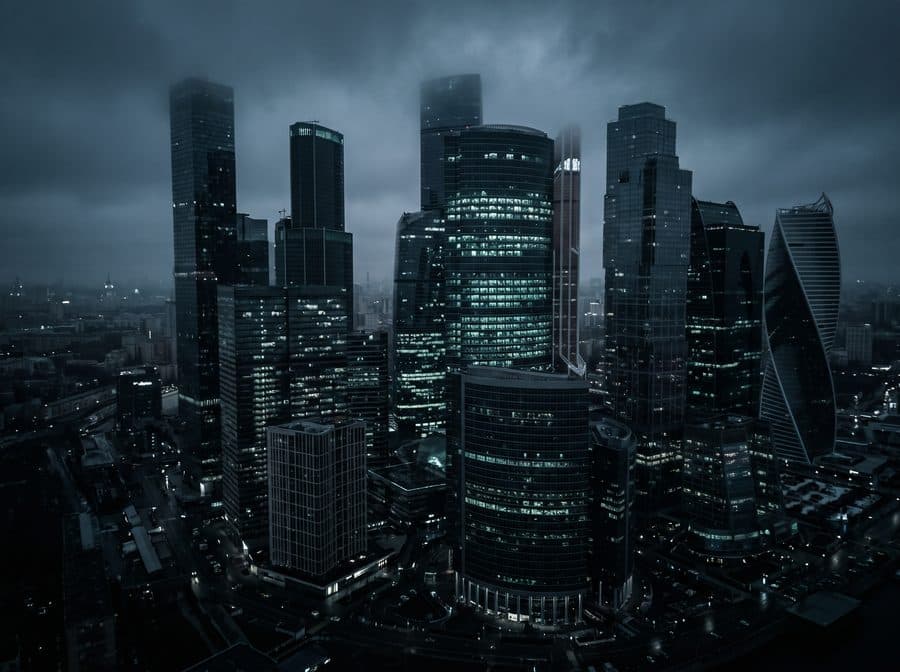A cluster of corporate office towers at night, thousands of windows, a scattering glowing mint among the dark.