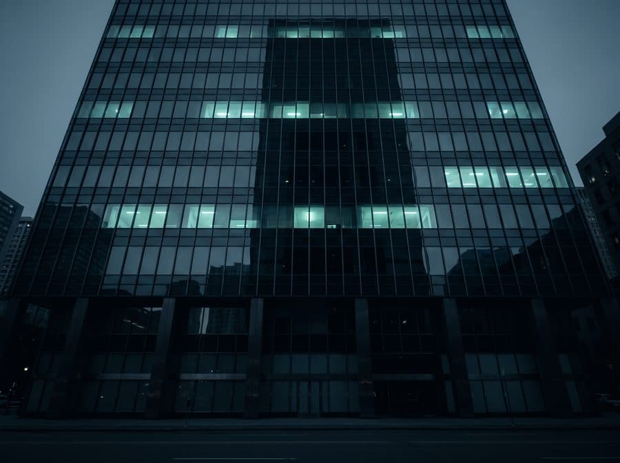 The glass facade of a corporate tower at night, many floors, a scattering of windows lit mint while most are dark.
