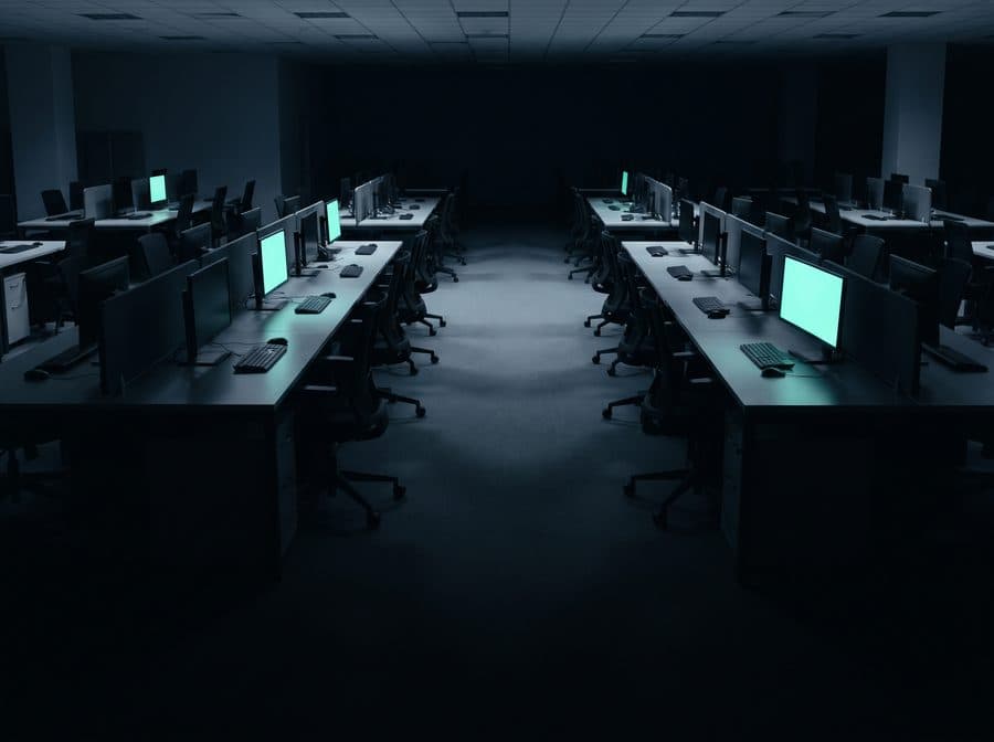 A mid-size open-plan office floor at night, long rows of empty desks, a scattering of monitors glowing mint.