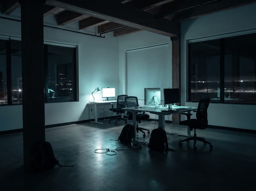 A small startup office at night, mostly empty, a couple of desks lit by cold mint monitor glow.